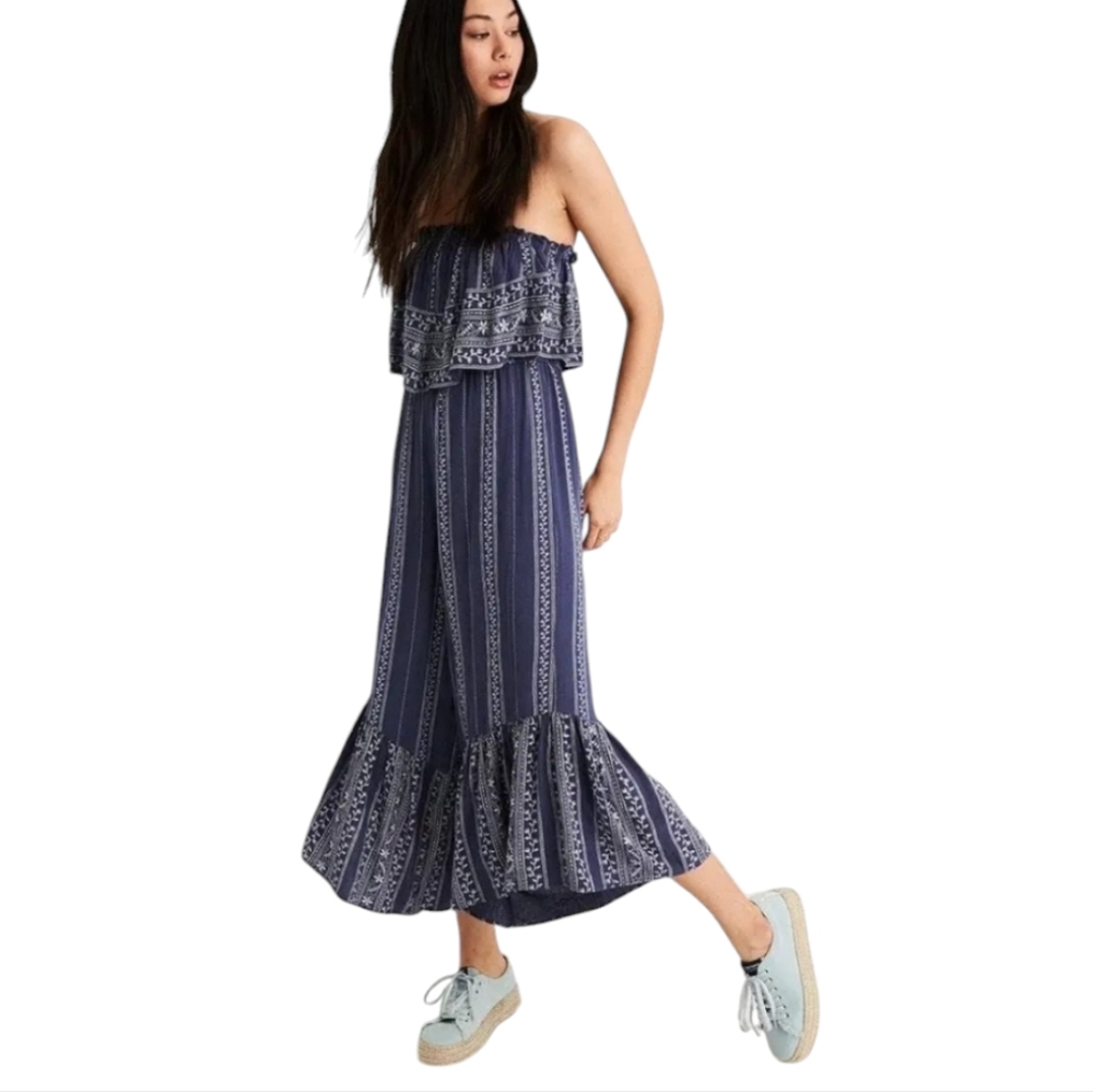 American Eagle Blue Floral India Smock Ruffle Tiered Stripe Jumper Small